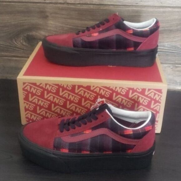 New Vans Old Skool Stacked Red Platforms Womens Shoes Size 8 Velvet Plaid Grunge - Picture 1 of 10
